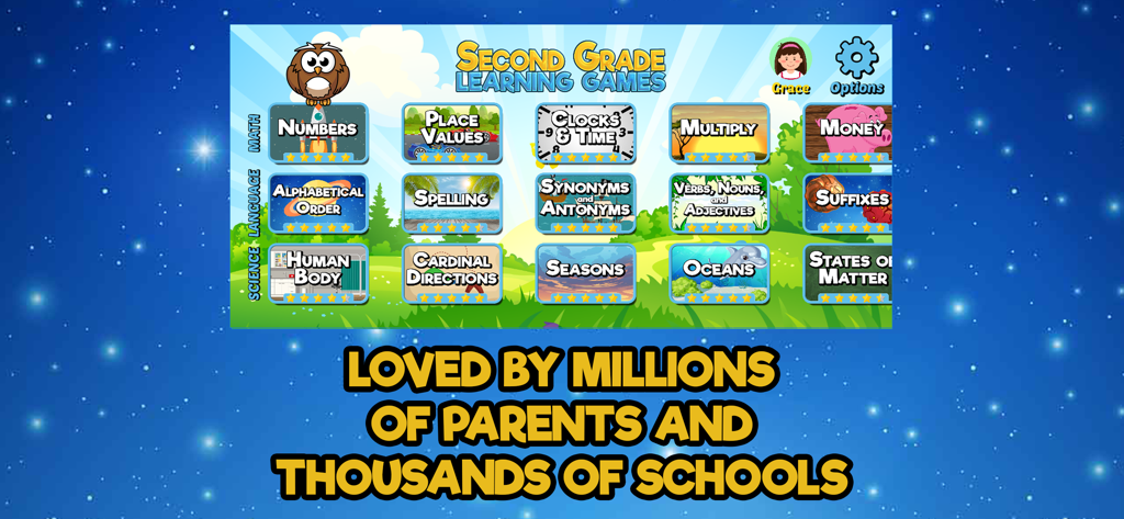 Main menu of Second Grade Learning Games app featuring various educational modules for math language and science.