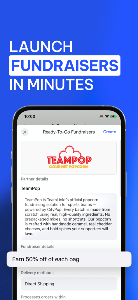 TeamLinkt - Sports Team App - A screenshot of the TeamLinkt app interface showing a feature to launch sports team fundraisers with a gourmet popcorn partner.