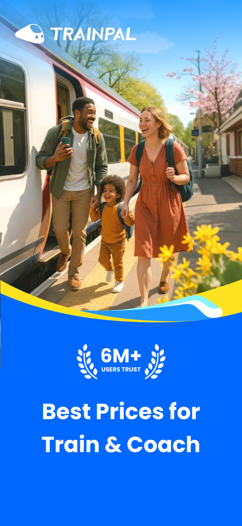 Une famille heureuse voyageant en train sur un quai ensoleillé avec la marque TrainPal mettant en avant les meilleurs prix et la confiance de 6 millions d'utilisateurs
