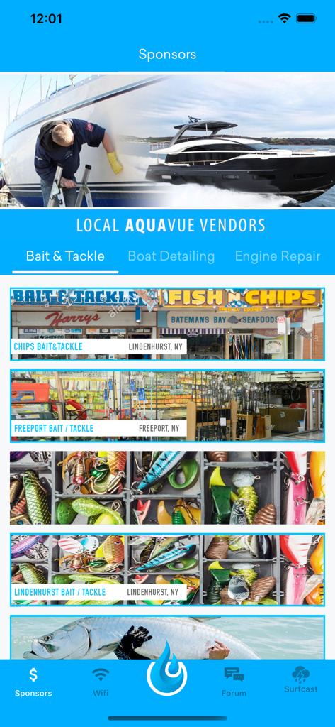 AquaVue - Local vendors directory in the AquaVue app featuring bait and tackle shops in New York