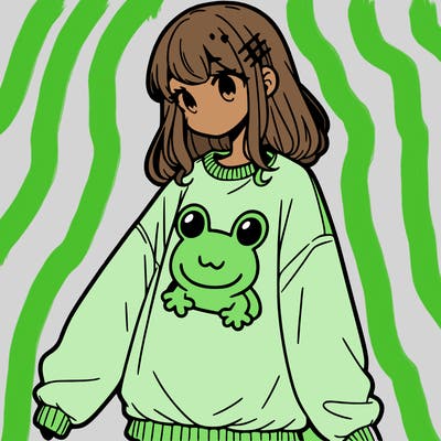 girl wearing frogging sweatshirt