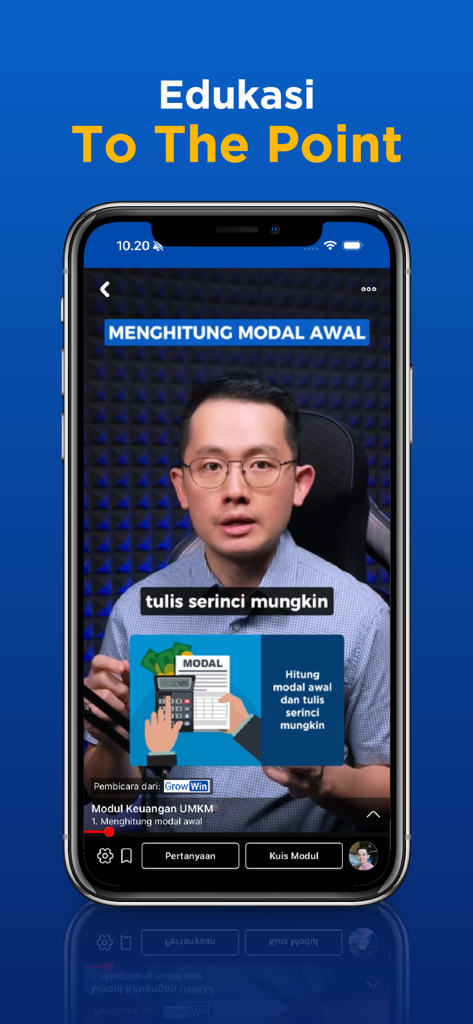 GrowWin by AsahPolaPikir - Tela de smartphone mostrando uma videoaula de negócios GrowWin sobre cálculo de capital inicial com um instrutor