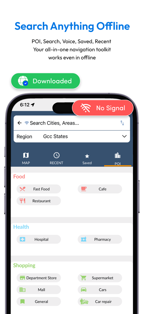 A smartphone screen of the Offline Map Navigation app showing offline search for points of interest like restaurants and hospitals