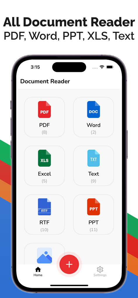 All Document Reader - Read PDF - Pantalla de inicio de la aplicación Lector de Documentos mostrando categorías de documentos para archivos PDF, Word, Excel y PowerPoint