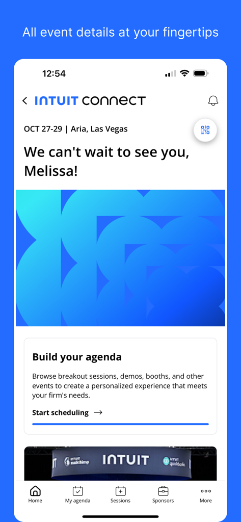 Intuit Connectアプリのホーム画面。ラスベガスのイベント詳細とアジェンダ作成セクションが表示されています。