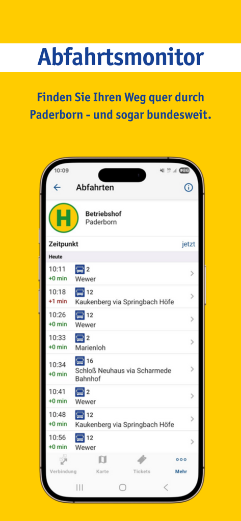 PaderSprinter Mobil - Real-time bus departure list on the PaderSprinter Mobil app for Paderborn