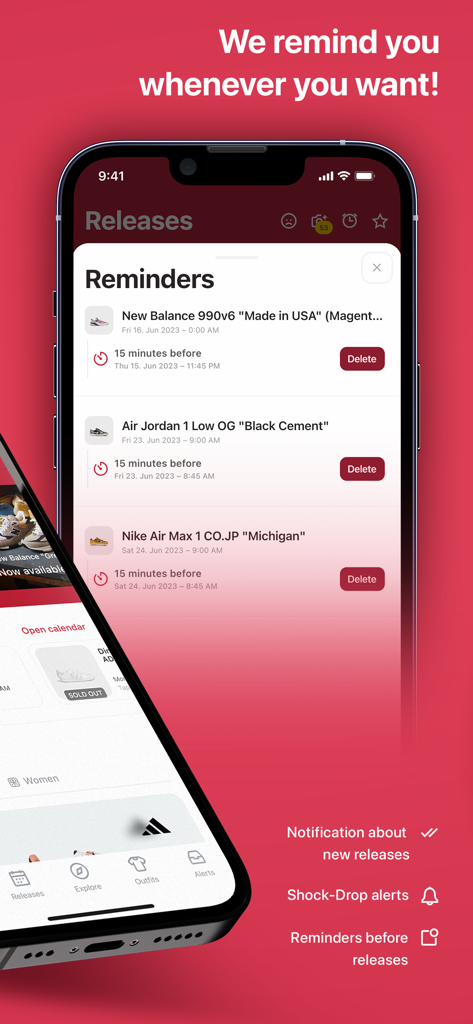 HEAT MVMNT - The Sneaker App - NikeやJordanのような人気スニーカーのリリースリマインダーとショックドロップアラートを表示するHEAT MVMNTモバイルアプリのインターフェイス。