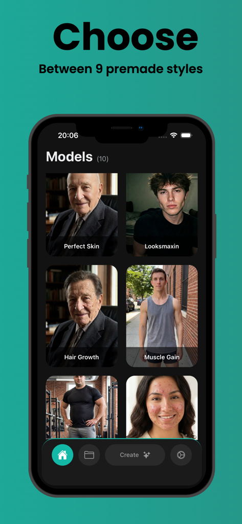 Photo Enchancer: Ai Glow Up - AI Glow Up app interface showing various enhancement styles like looksmaxin muscle gain and hair growth