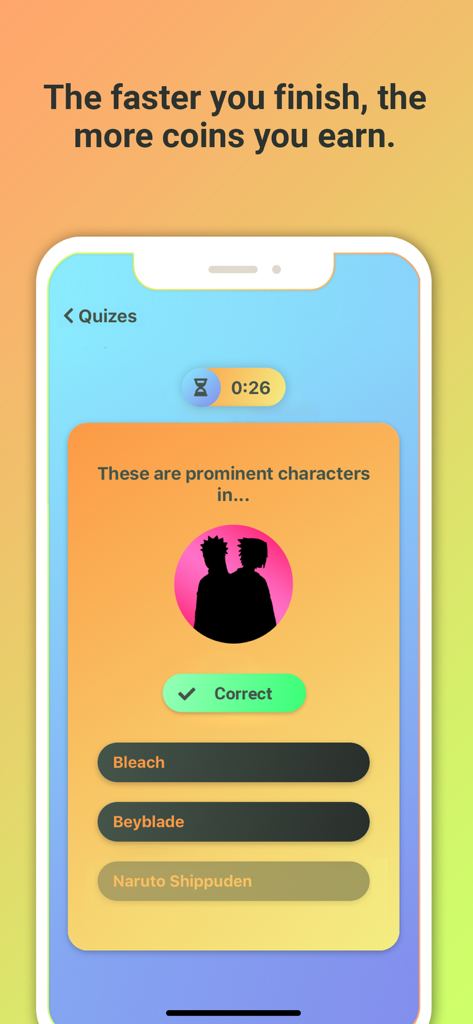 Anime Trivia - Una pantalla móvil de la aplicación Trivia de Anime que muestra una pregunta de silueta de personaje de Naruto con una notificación de respuesta correcta y un temporizador.