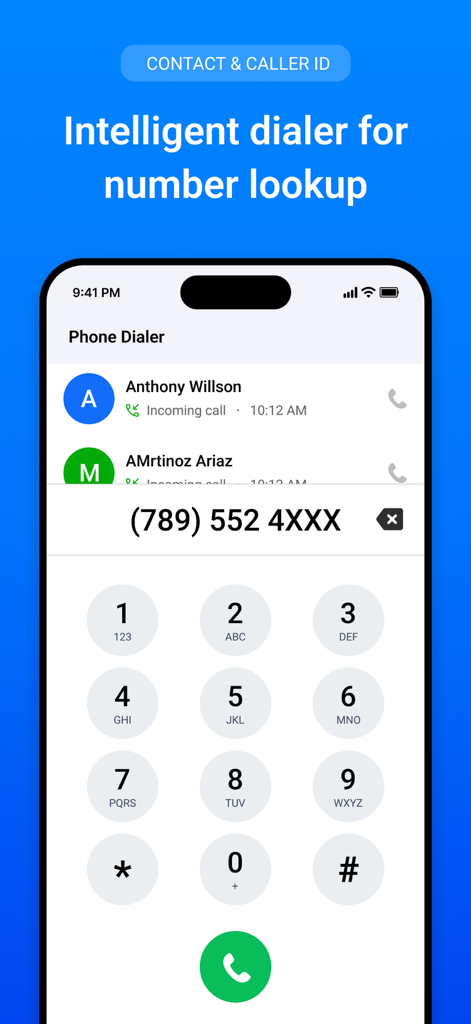 Uma interface de aplicativo móvel mostrando um discador de telefone inteligente com um teclado e histórico de chamadas para consulta de números.