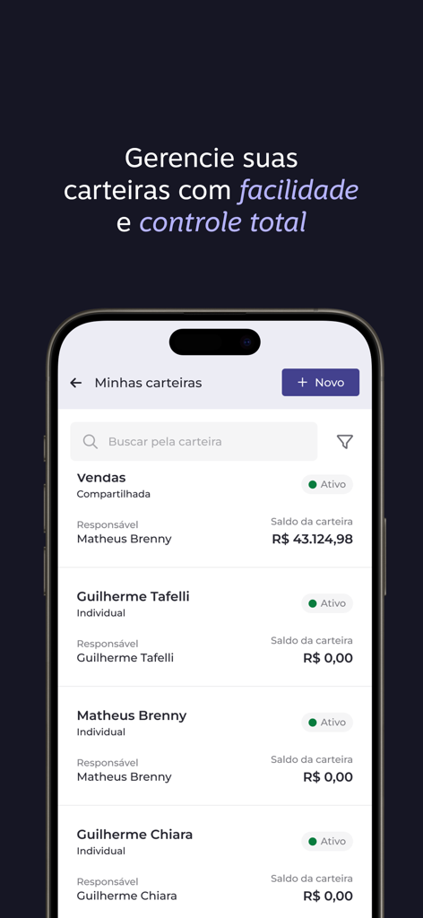 Portão 3 - Expenses - Mobile app interface of Portao 3 displaying a list of corporate wallets with names and financial balances