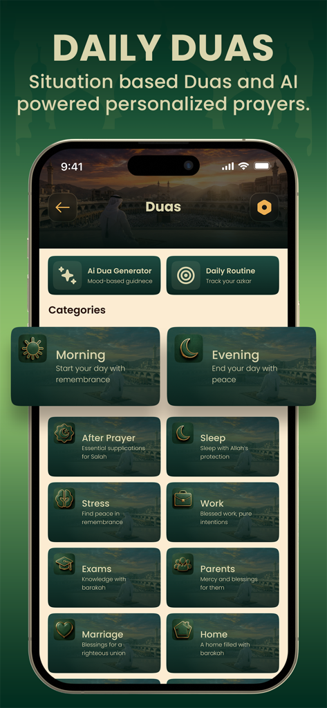 Ummah Pro: Adhan,Qibla & Quran - Ummah Pro app interface displaying daily duas categories and an AI powered dua generator