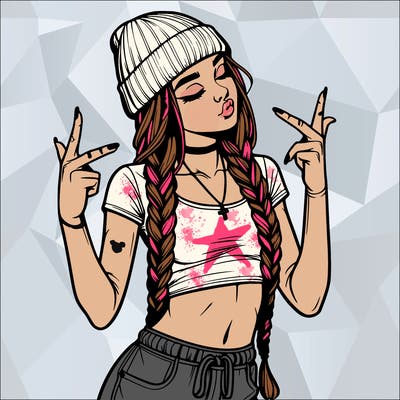 realistic teenage girl with braids and a beanie and crop top doing 🫶🏼