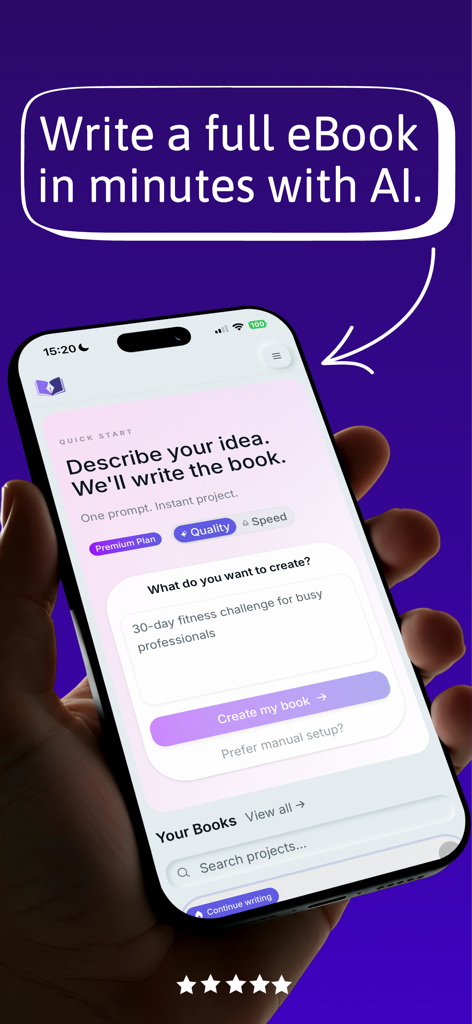 Inkfluence - eBook Maker - A hand holding an iPhone displaying the Inkfluence app interface with an AI prompt to create a 30-day fitness challenge ebook.