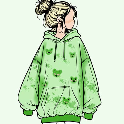 realistic girl with a oversized sweatshirt on and a bun
