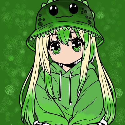 girl with anime shaped eyes with a dinosaur bucket hat oversized sweatshirt long straight hair