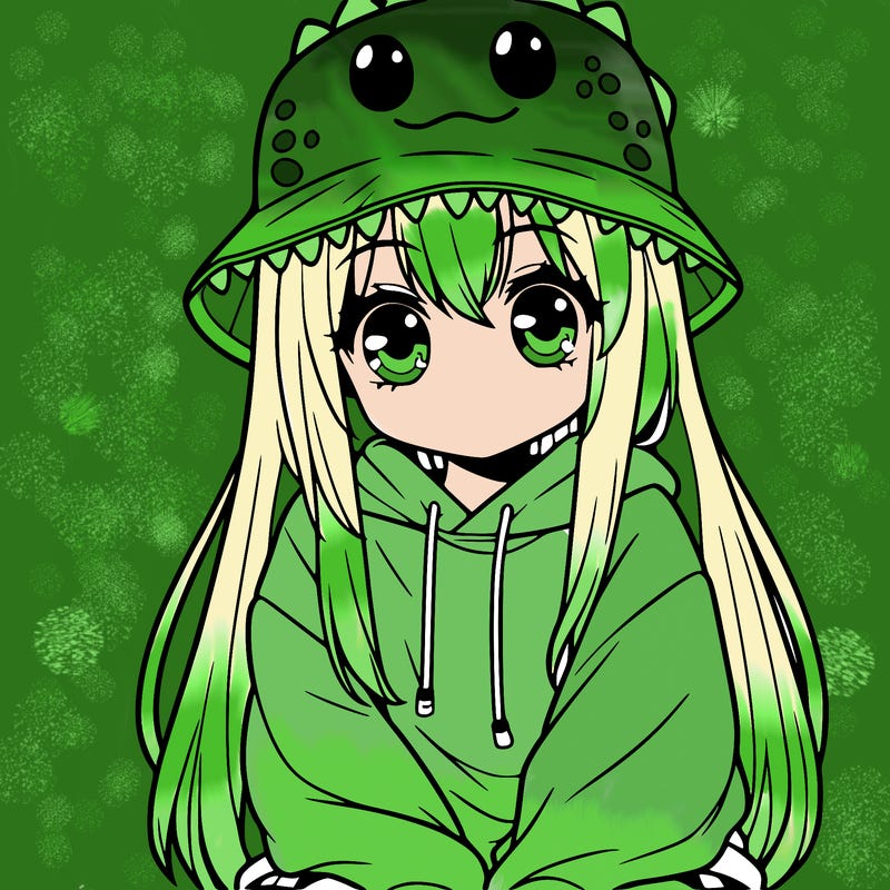 girl with anime shaped eyes with a dinosaur bucket hat oversized sweatshirt long straight hair