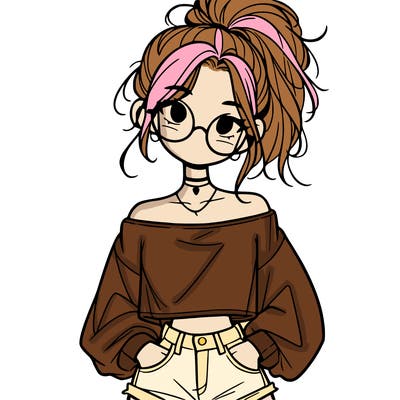 girl with a messy ponytail glasses a baggy crop top and jean shorts