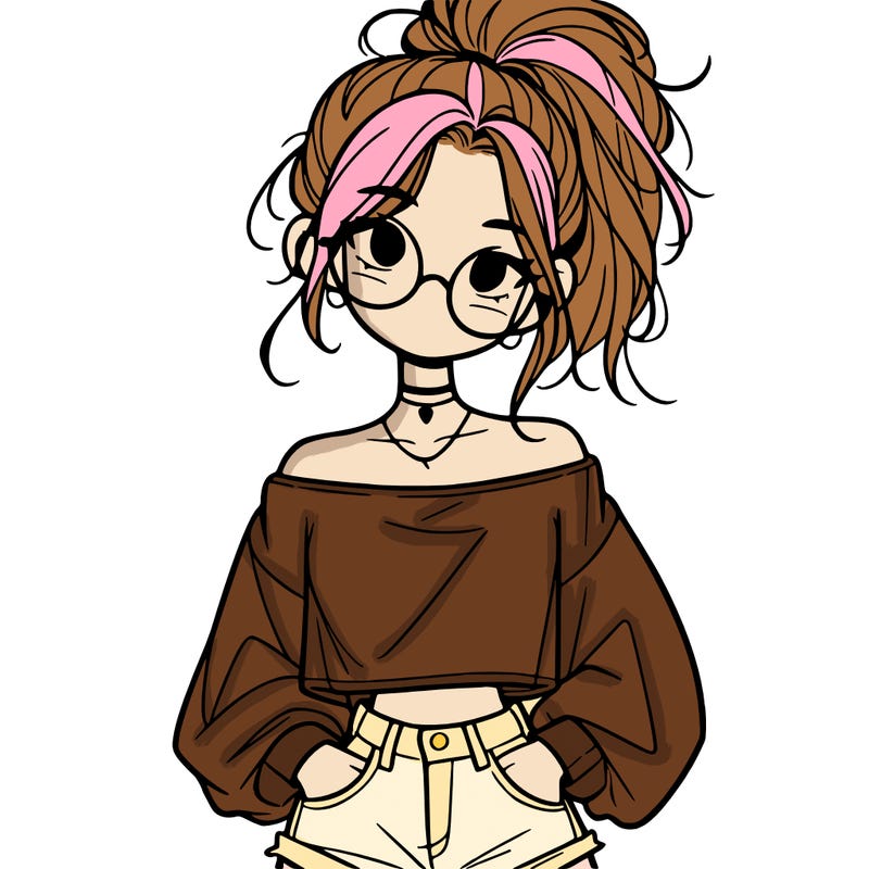 girl with a messy ponytail glasses a baggy crop top and jean shorts