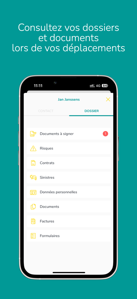 Brio Mobile - Brio Mobile app screenshot showing a client dossier with sections for contracts, documents, and claims
