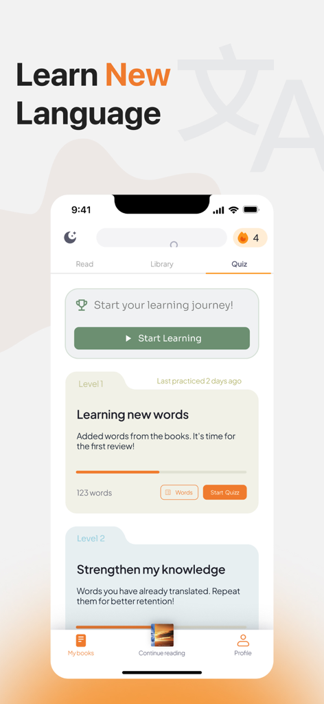 Interfaz de la aplicación móvil Stage Reader mostrando cuestionarios de aprendizaje de idiomas y niveles de vocabulario