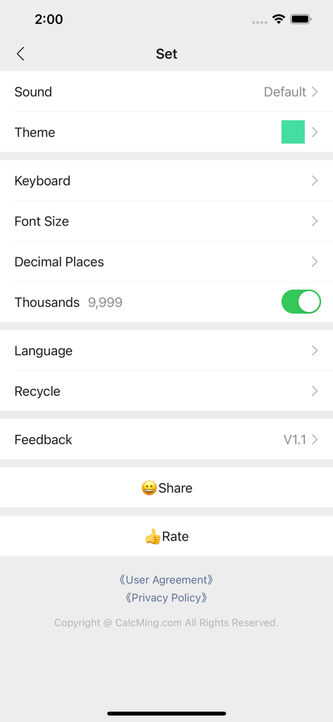 Calculator - MingCalc - Settings menu of the MingCalc app showing options for sound theme keyboard and font size customization