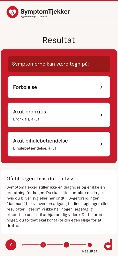 Interface de l'application SymptomTjekker affichant les causes médicales potentielles et des conseils de santé