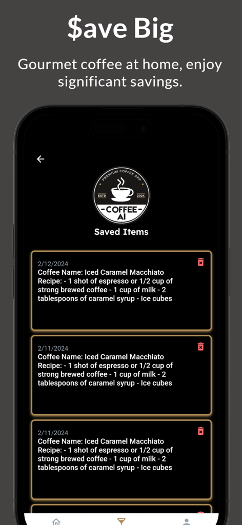 Una interfaz móvil de la aplicación Coffee AI que muestra una lista de recetas de café gourmet guardadas como Iced Caramel Macchiato