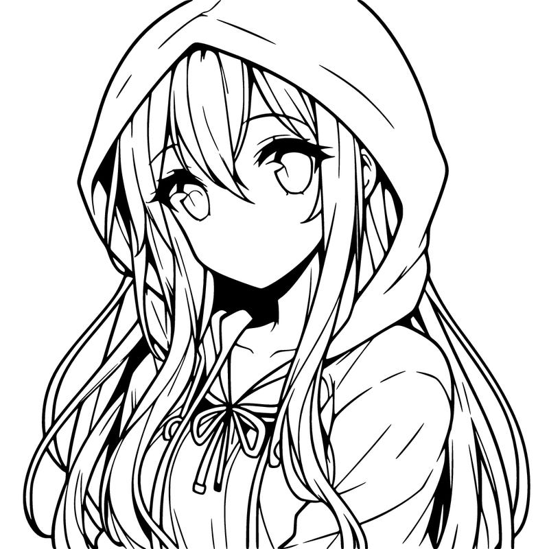 anime girl with long hair and a hoodie