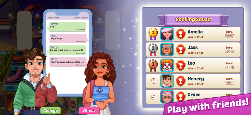 Pantalla del juego My Cafe Shop mostrando el chat del equipo y las clasificaciones de la tabla de clasificación del Escuadrón de Cocina.