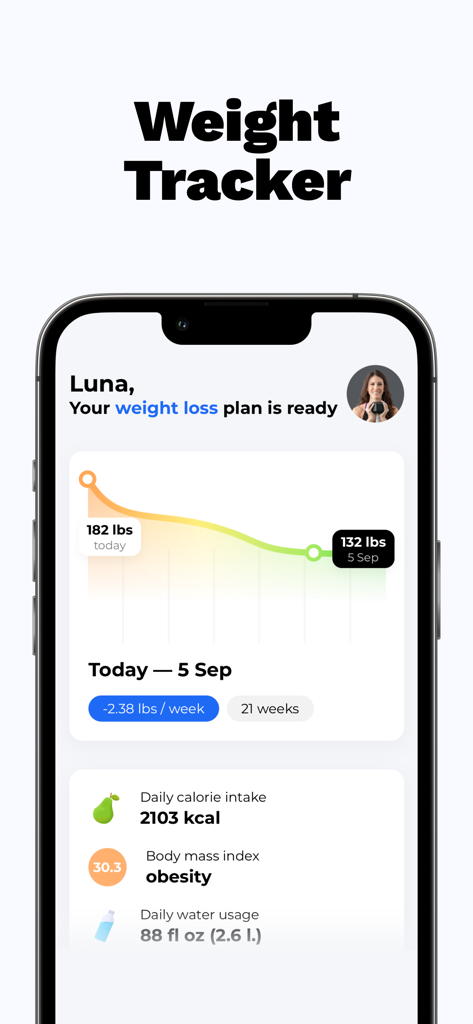 Weight Loss FREE of ads - FitMe app interface showing weight loss progress graph and daily health metrics