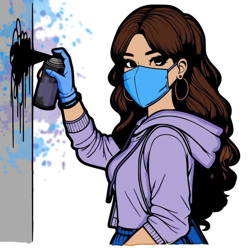 realistic girl with mask spray painting a wall