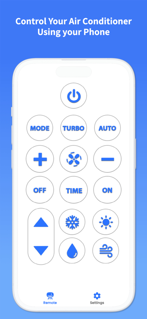 A mobile application interface displaying a universal air conditioner remote control with buttons for temperature, mode, and fan speed.