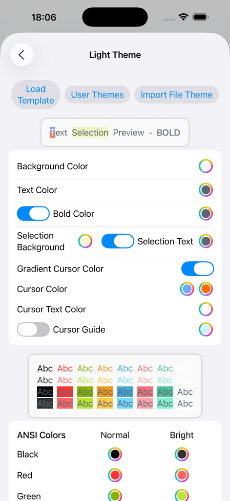 Secure Terminal - Secure Terminal light theme customization and color settings interface