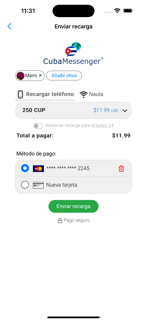 CubaMessenger mobile app interface for sending phone and Nauta recharges to Cuba