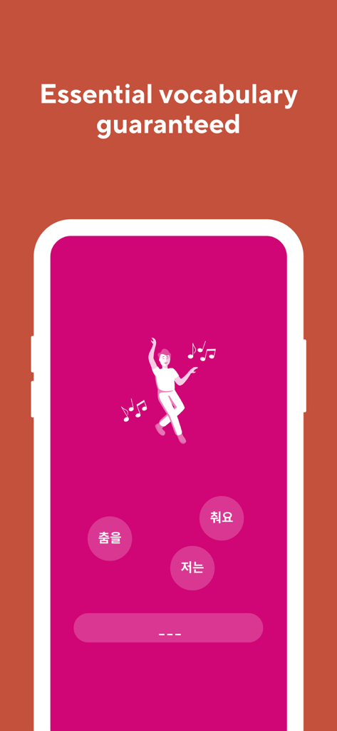 Screenshot of Drops app learning interface for essential Korean vocabulary with a minimalist dancing illustration