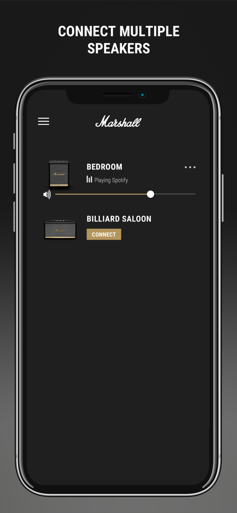 Marshall Voice - Interfaz de la aplicación Marshall Voice que muestra la conexión de varios altavoces para el dormitorio y el salón de billar