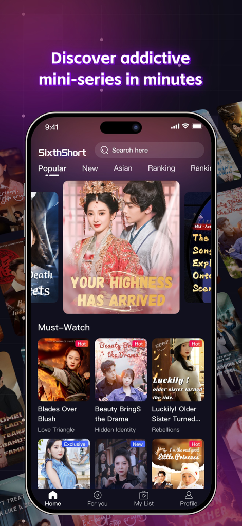 The home screen of the SixthShort app featuring various addictive mini-series and short dramas.