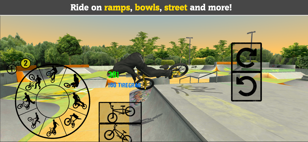 BMX FE3D 2 - A BMX rider performing a tire grab stunt in a skatepark in the game BMX FE3D 2.