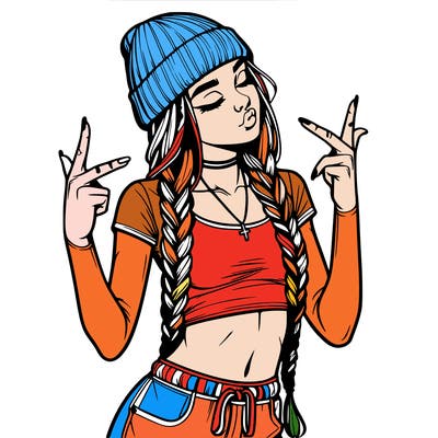 realistic teenage girl with braids and a beanie and crop top doing 🫶🏼