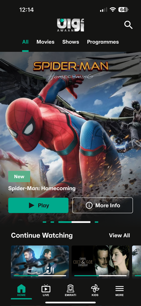 Home screen of the Awaan streaming app featuring Spider-Man Homecoming and Arabic entertainment options