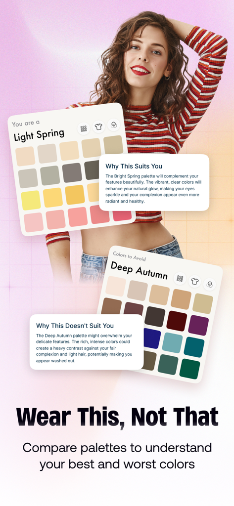 Season Palette: Color Analysis - App screen comparing recommended Light Spring and avoided Deep Autumn color palettes.