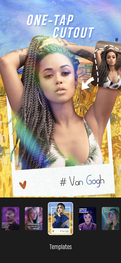 EasyArt:Photo Editor&Wallpaper - Interface de l'application EasyArt démontrant la fonction de découpe en un clic avec un modèle artistique de fond Van Gogh