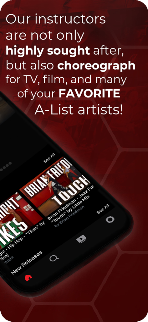 A smartphone showing the REDWALL app interface with dance tutorials from professional choreographers who work with A-list stars.