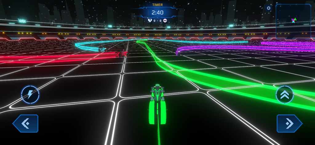 Neon bikes racing in a futuristic arena with bright light trails