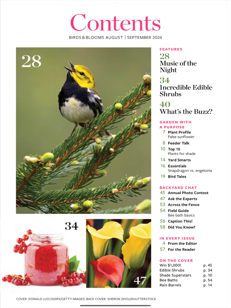 Birds & Blooms - Table of contents for Birds and Blooms magazine showing articles on backyard birds and gardening projects