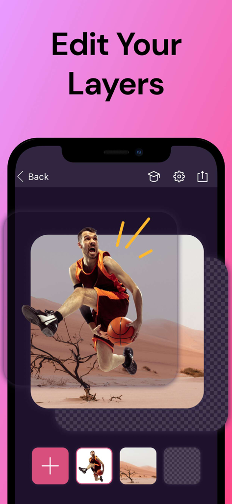 A mobile screen showing the Pixomatic app layer editing tool where a basketball player is layered over a desert background