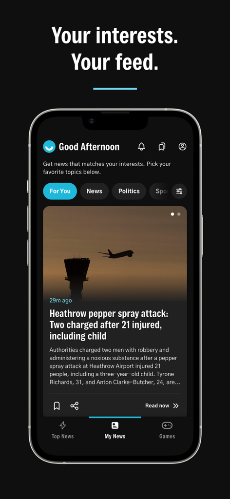 Smartphone screen of upday news app displaying a curated feed and interest based categories