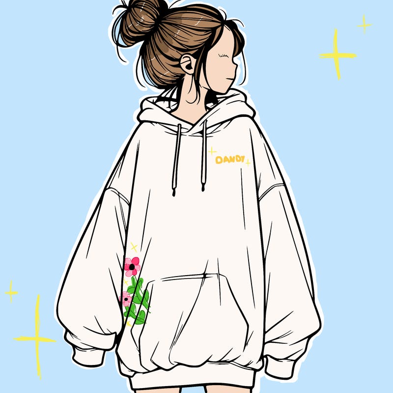 realistic girl with a oversized sweatshirt on and a bun
