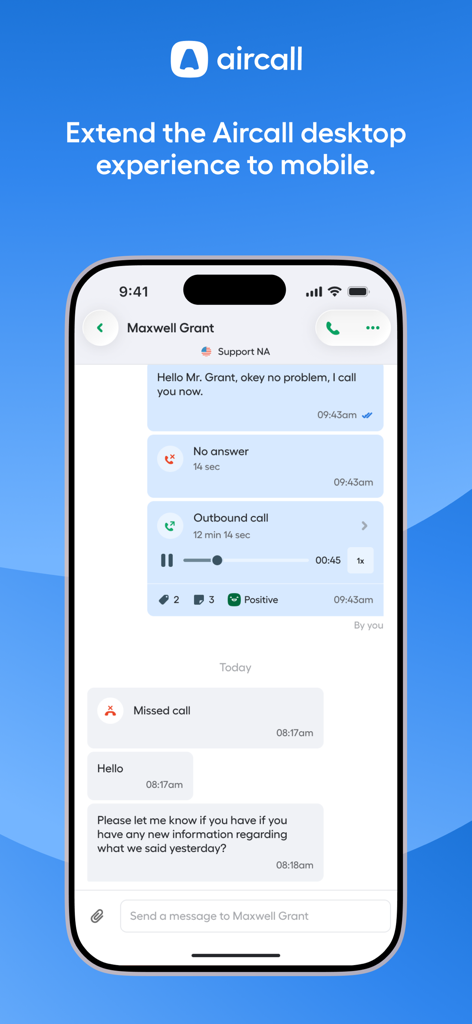 Aircall - Interfaccia dell'app mobile Aircall che mostra chiamate e messaggi aziendali in una vista unificata.